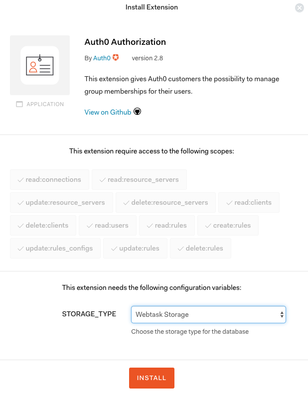 Screenshot - Auth0 authorization extension install