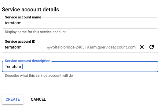 Google Cloud set service account description